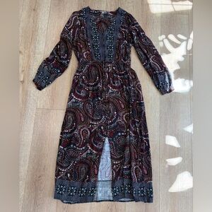 Knox Rose Boho Paisley Midi Dress Navy Red Floral Print Button Front Small
